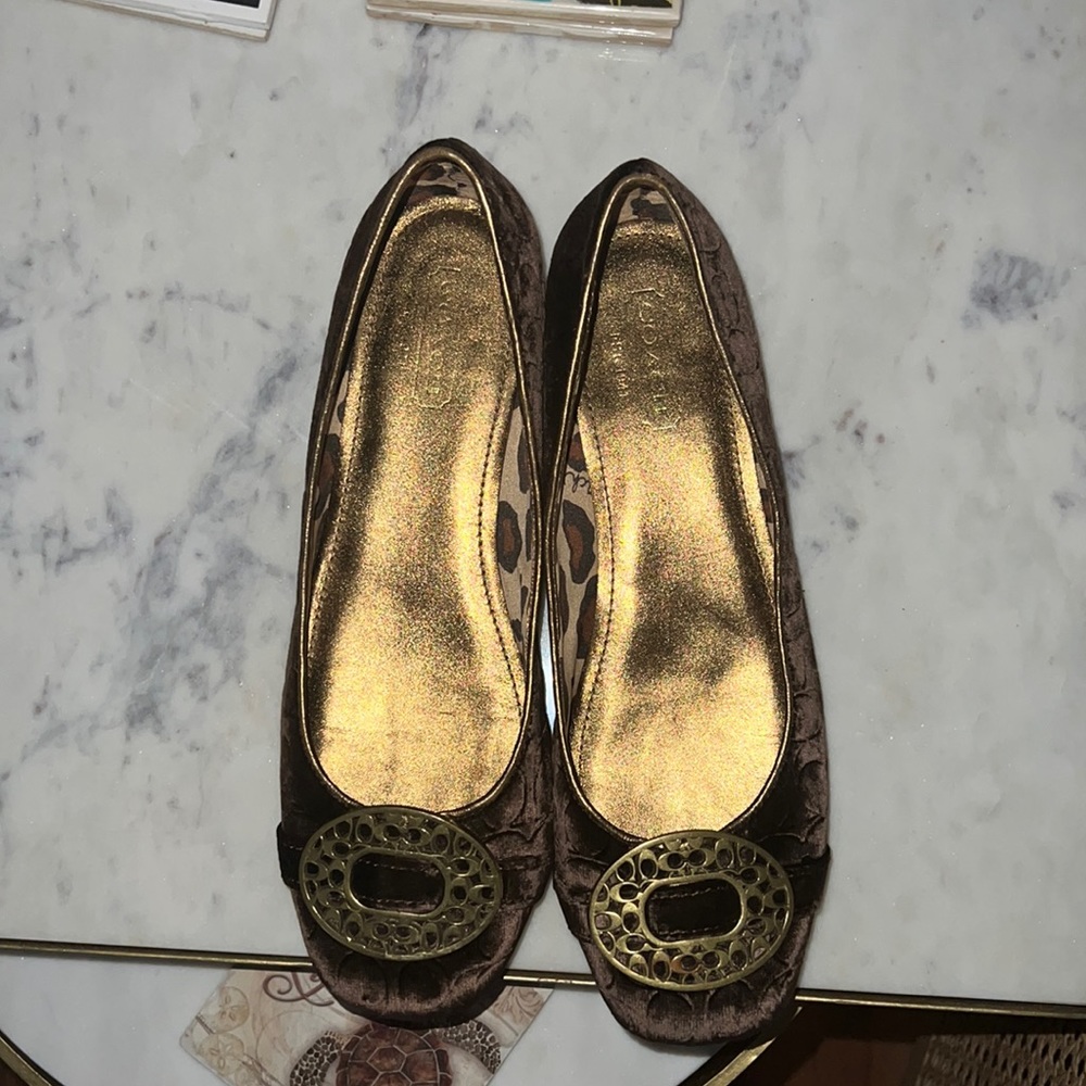 Brown and metallic gold velvet flats.